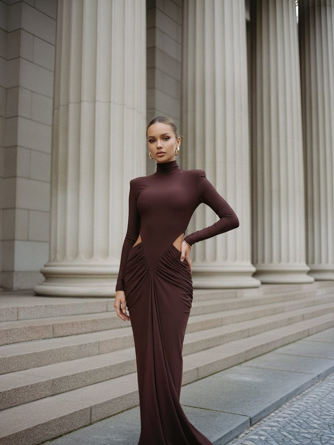 Cloud Wear ARIA - Elegancka Sukienka Maxi z Efektownym Wycięciem i Modelującym Marszczeniem