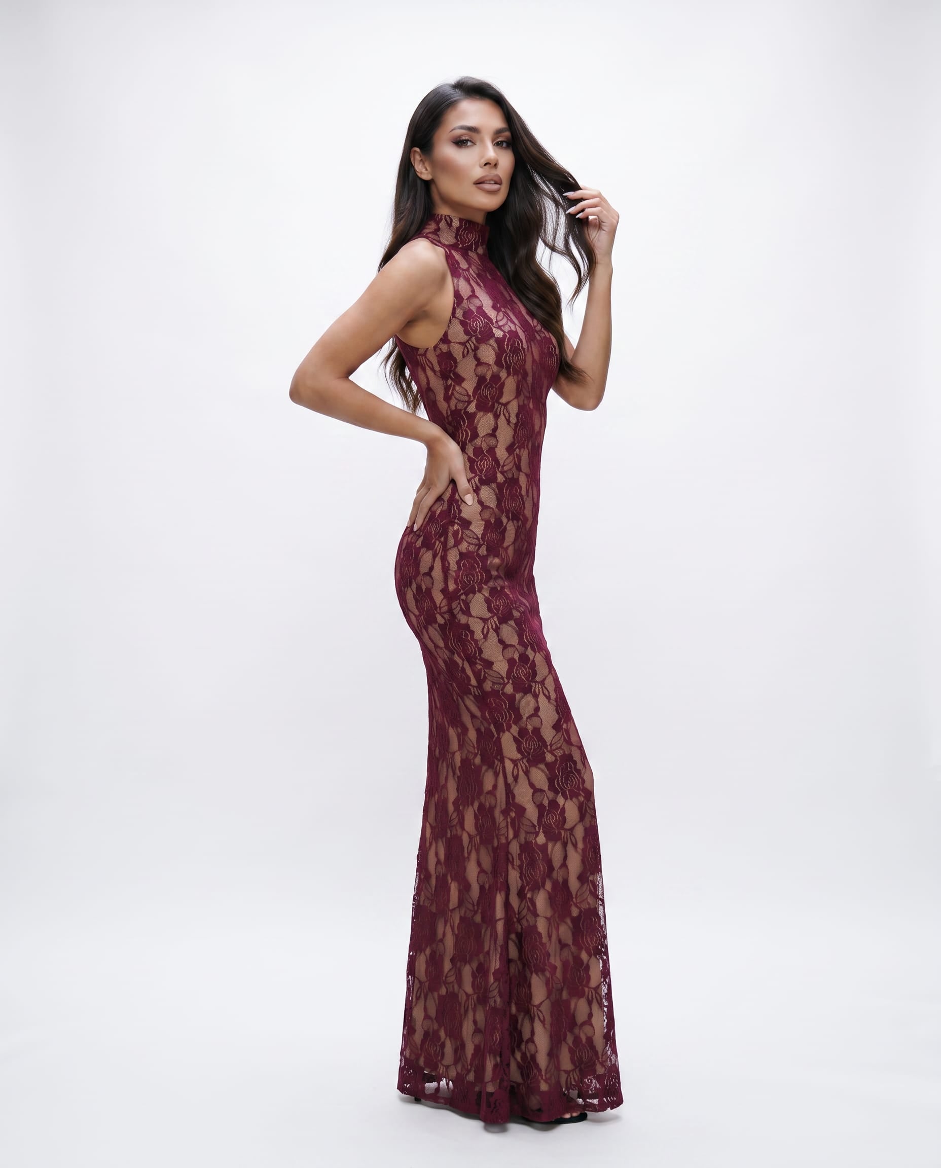 SERENA – Ruched Maxi Dress with Lace High-Top