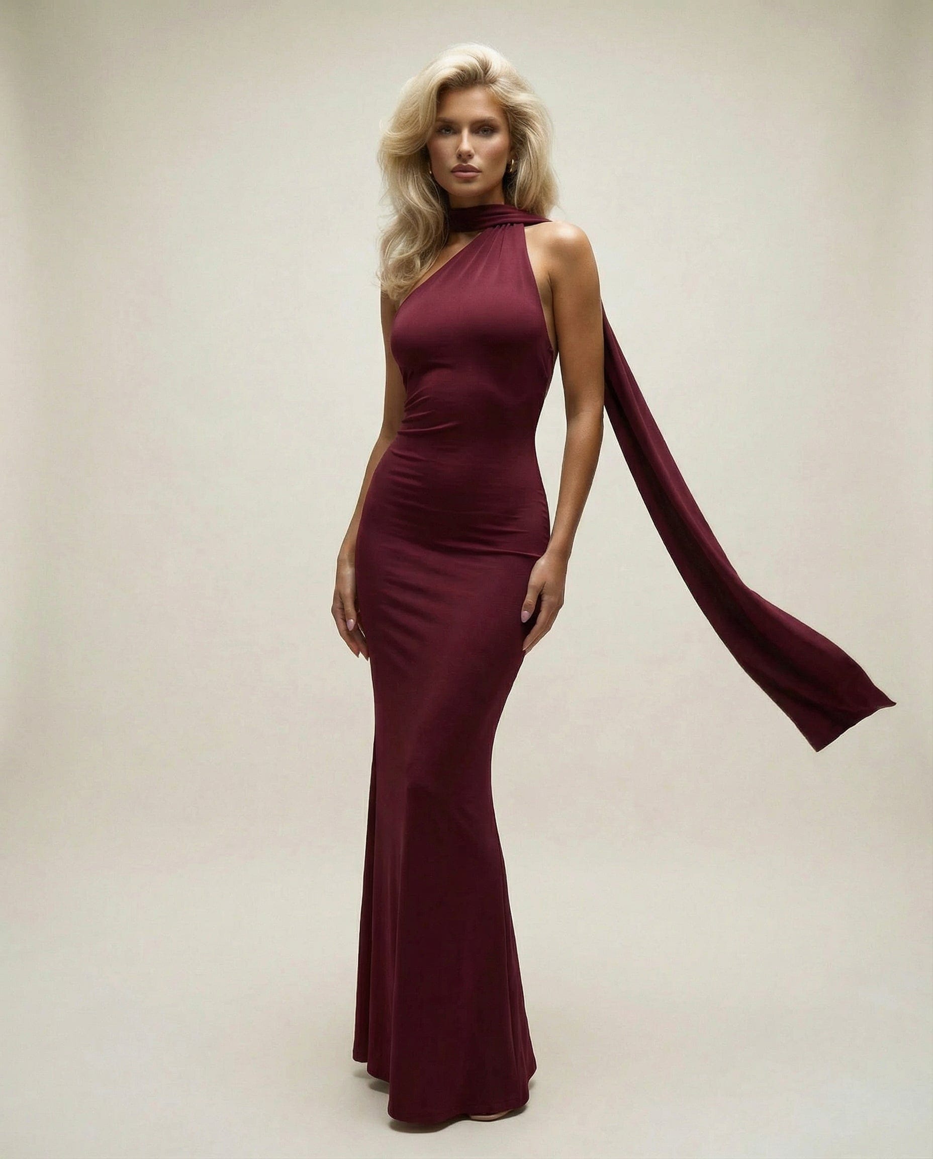 Cloud Wear LAURA - Długa Sukienka z Odkrytymi Plecami i Eleganckim Szalem Bordowy